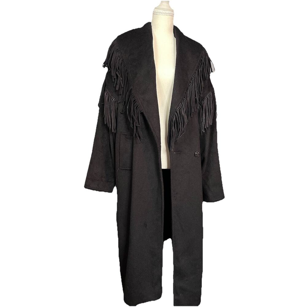 Jonathan Michael Vintage 100% Wool Fringe Collar Overcoat Womens 8 Black 90s